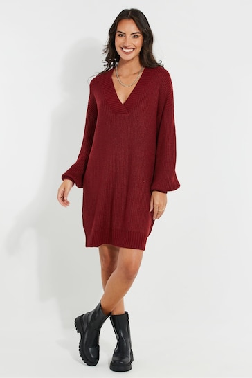Threadbare Red V-Neck Knitted Jumper Dress