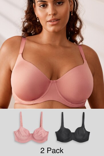 Black/Rose Pink DD+ Non Pad Balcony Smoothing T-Shirt Bras 2 Pack