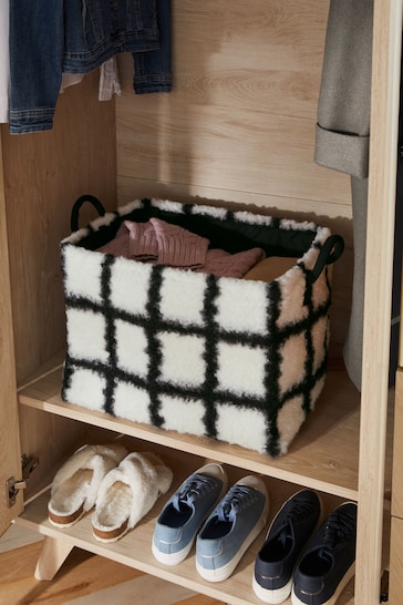 Black and White Fluffy Fabric Check Storage Basket