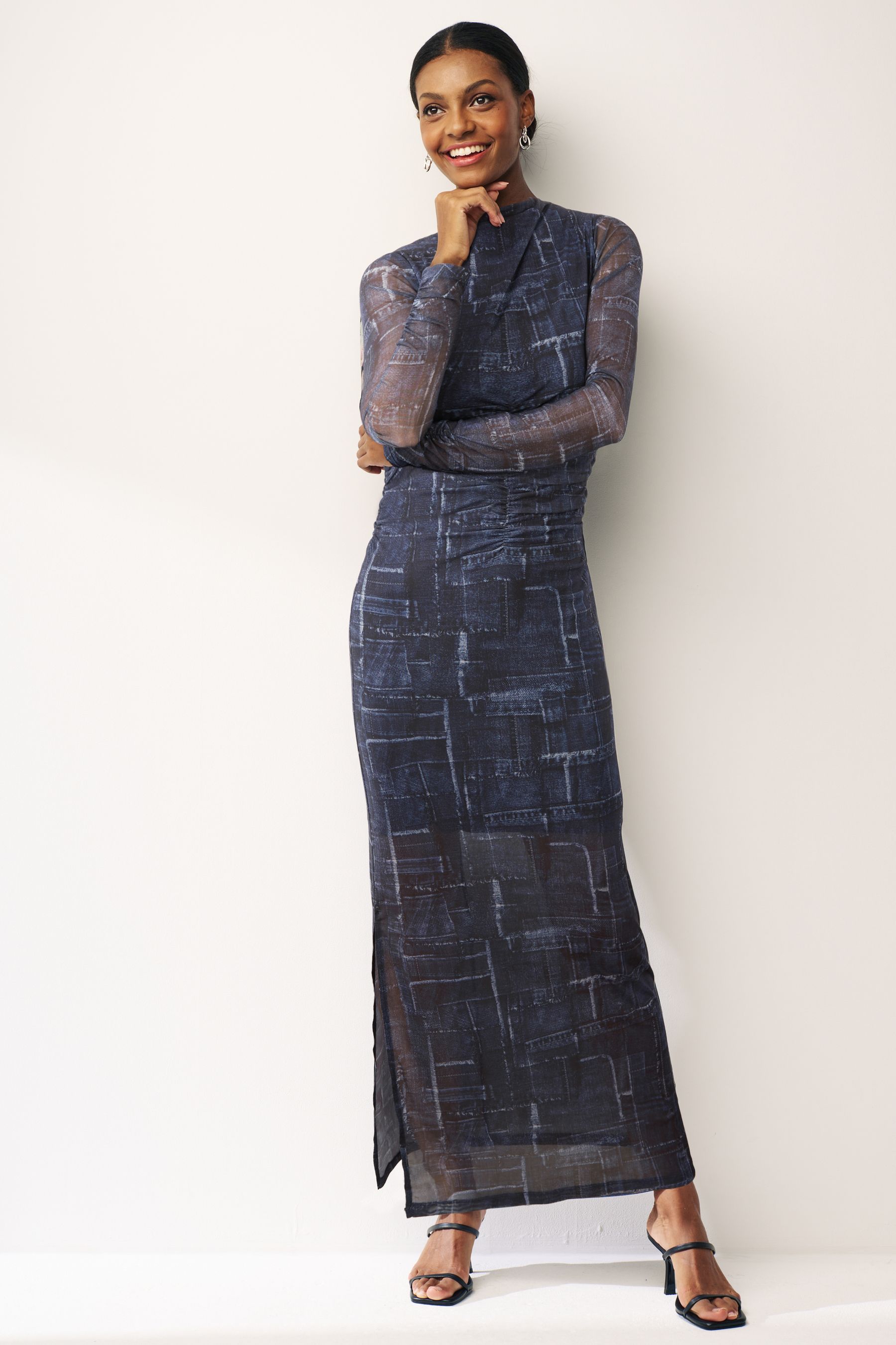 Buy Denim Blue Long Sleeve Ruched Mesh Midi Dress from the Next UK