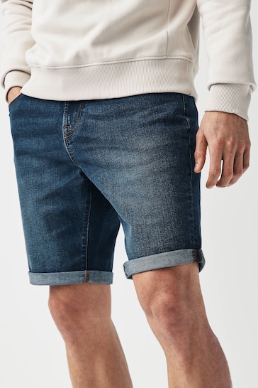 Mid Blue Straight Fit Stretch Denim Shorts