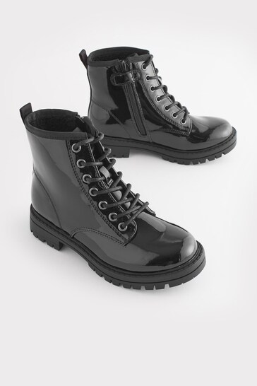 Black Patent Standard Fit (F) Warm Lined Lace-Up Boots