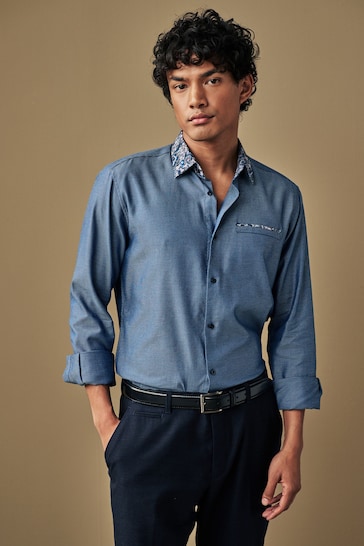 Navy Blue Regular Fit Trimmed Formal Shirt