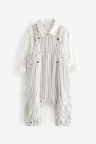 Grey/White Baby Woven Dungarees And Shirt Set (0mths-3yrs)