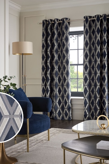 Navy Blue Collection Luxe Heavyweight Geometric Cut Velvet Lined Eyelet Curtains