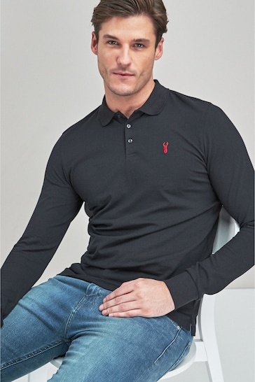 Black long-sleeved ribbed-wool polo shirt