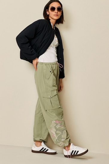 Sage Green Embroidered Parachute Pull On Cargo Trousers