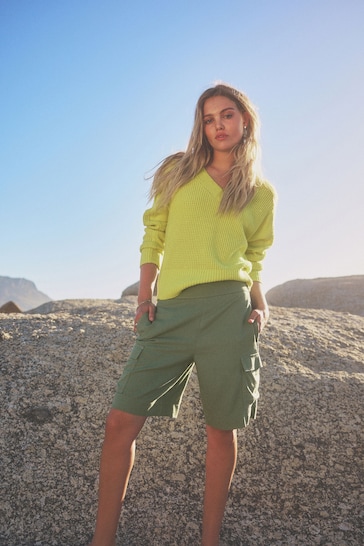 Khaki Green Summer Knee Length Shorts With Linen