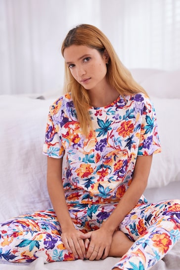 Blue/Orange Floral Short Sleeve Cotton Pyjamas
