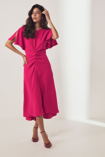 Pink Short Sleeve Ruched Midi Dress