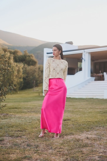 Pink Tailored Satin Midi Skirt