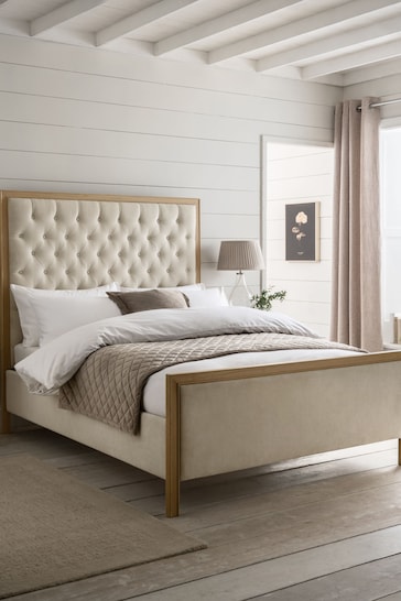 Fine Chenille Light Natural Francesca Wooden and Upholstered Bed Frame