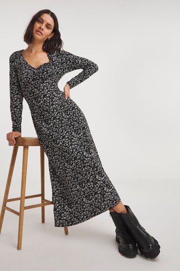 Simply Be Long Sleeved Ruched Supersoft Black Midi Dress