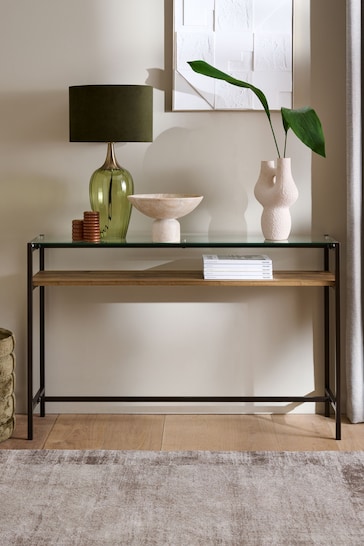 Dark Bronx Oak Effect and Glass Console Table