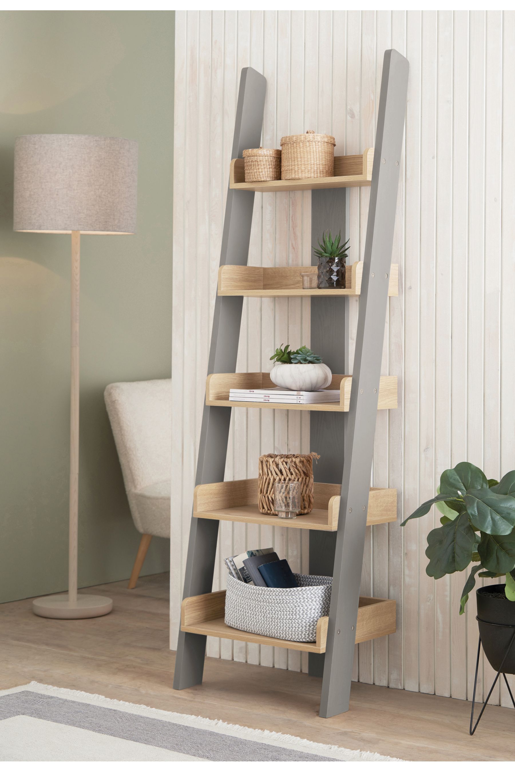 Dove Grey Malvern Oak Effect Narrow Ladder Shelf