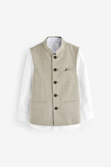Neutral Nehru Collar Waistcoat & Shirt Set (3-16yrs)