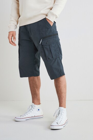 Navy Blue Long Length Belted Cargo Shorts