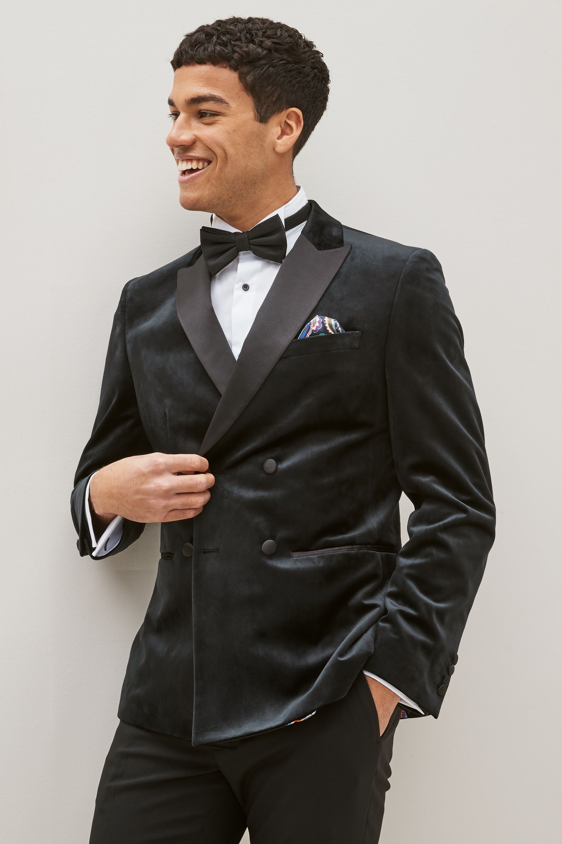 Black Double Breasted Double Breasted Slim Slim Fit Velvet Blazer