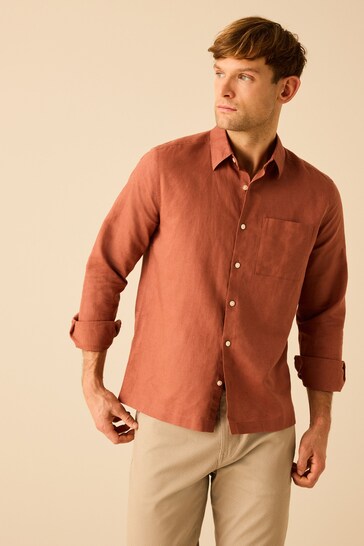 Brown Linen Blend Long Sleeve Shirt