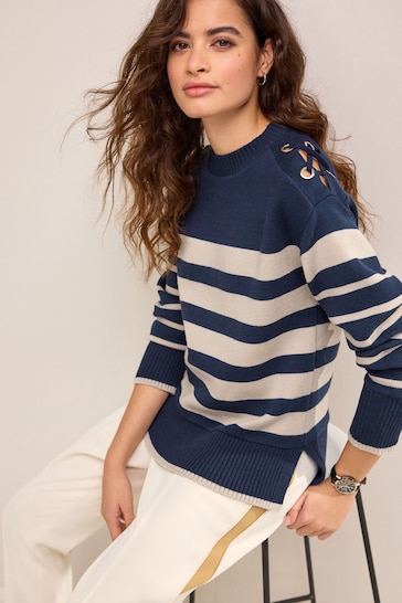 Navy/Stone Cosy Stripe Cut-Out Tie Shoulder Detail Crew Neck Long Sleeve Jumper