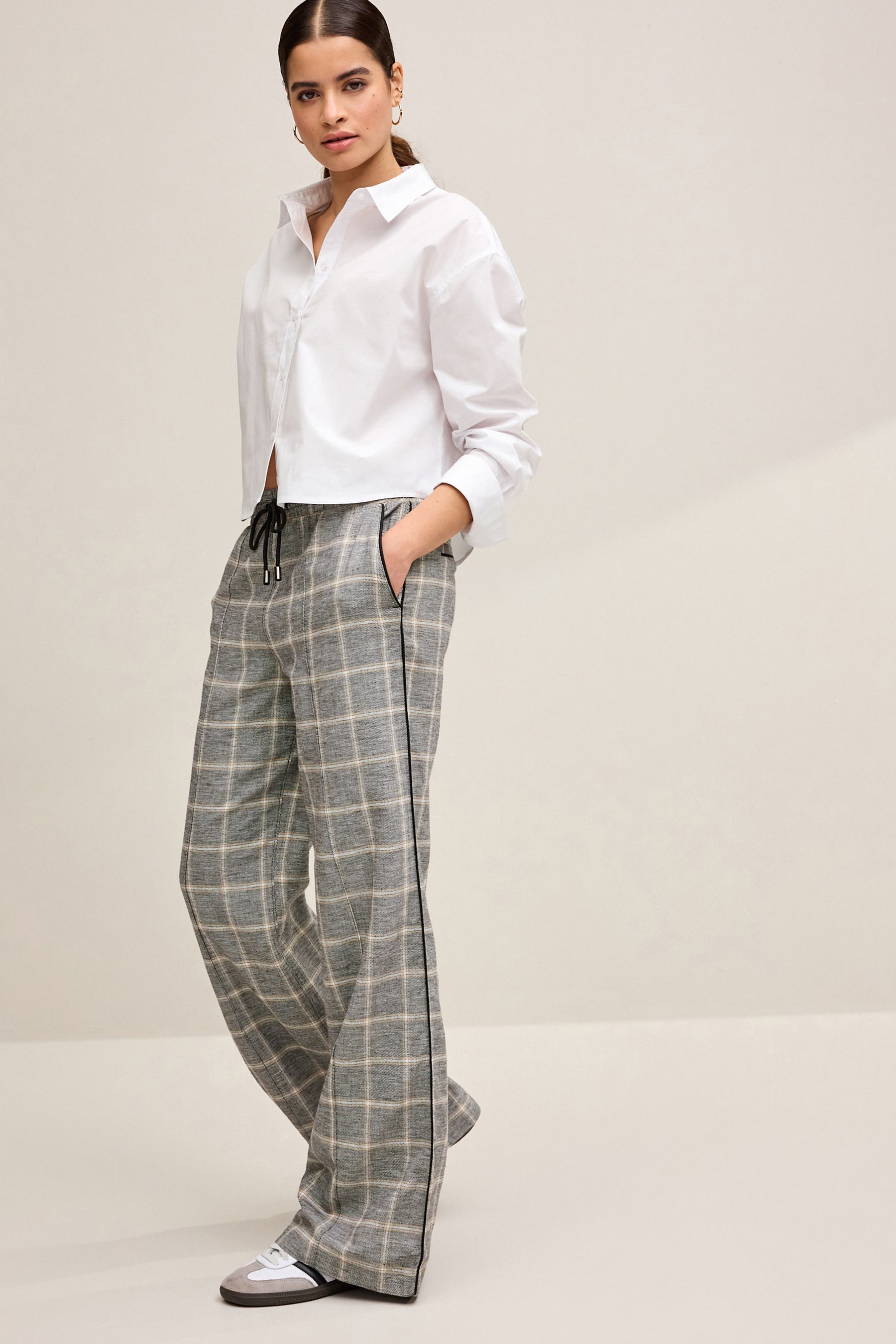 Buy Grey Check Linen Blend Side Stripe Track Trousers from Next Israel