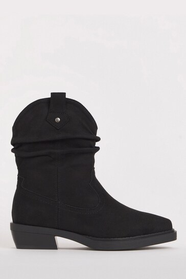 Simply Be Ruched Western Black Ankle Boots in Wide Fit