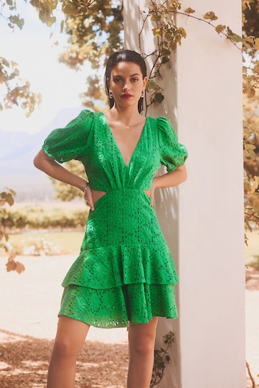 Green Crochet Volume Short Sleeve Cut-Out Mini Dress