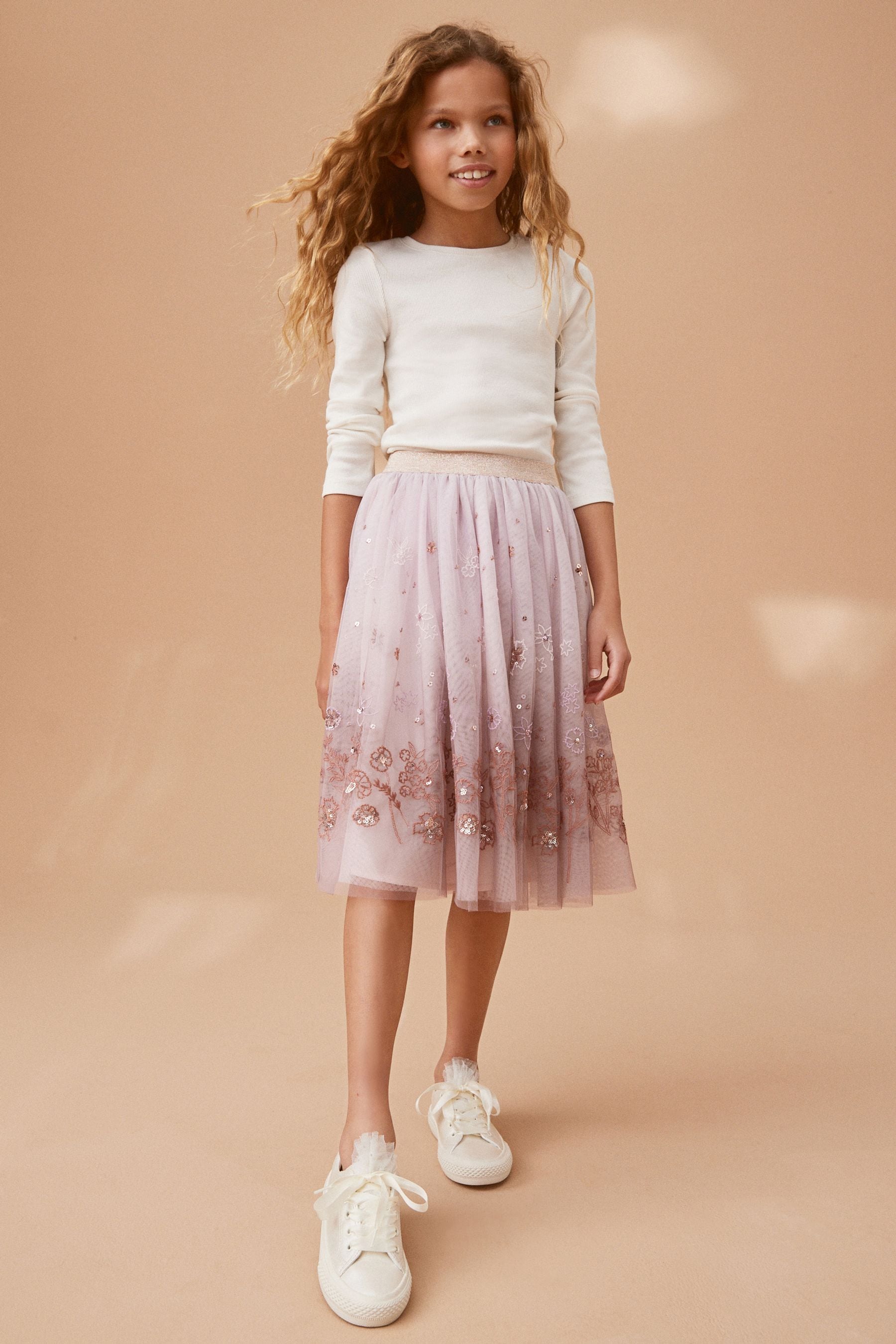 Pink Orange Embellished Mesh Midi Skirt 3 16yrs