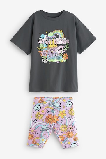 Charcoal Grey Bright Character Oversized T-Shirt and Cycle Shorts Set (3-16yrs)