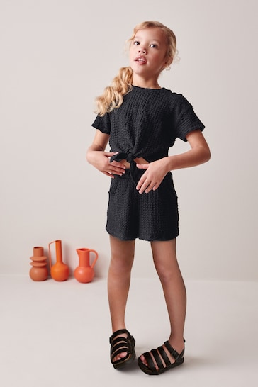 Black Textured Crinkle Tie Front T-Shirt and Shorts Set (3-16yrs)