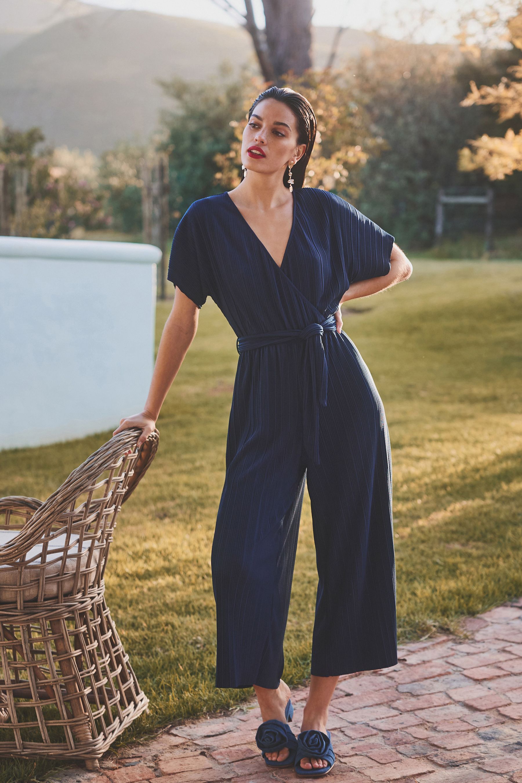 Navy Blue Plisse Short Sleeve Culotte Jumpsuit