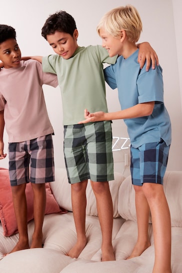 Khaki/Lilac Woven Check Short Pyjamas 3 Pack (3-16yrs)