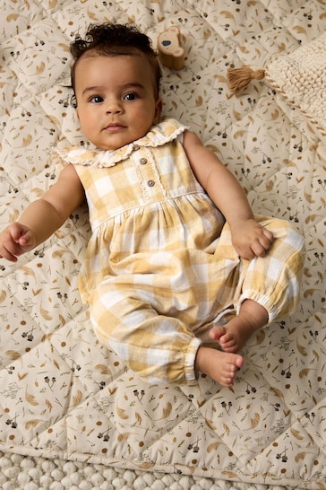 Ochre Yellow Gingham Collared Baby Woven Jumpsuit (0mths-2yrs)
