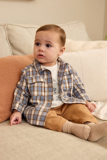Brown/Blue Baby Shirt Jacket, T-Shirt And Joggers 3 Piece Set