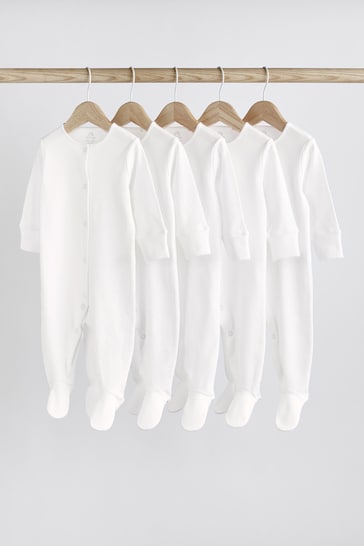 White 5 Pack Cotton Baby Sleepsuits (0-18mths)