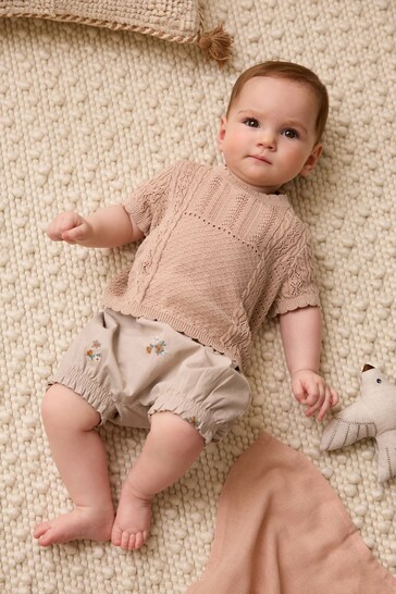 Rust Brown/Pink Baby Knitted Top and Woven Shorts Set (0mths-2yrs)