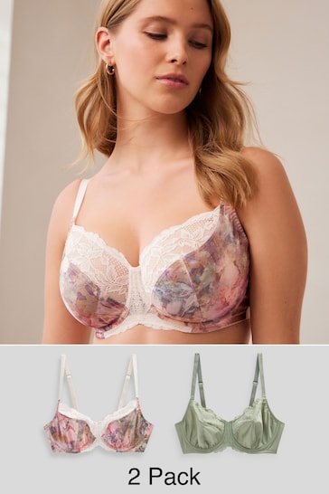 Pink Watercolour Floral Print/Sage Green DD Plus Non Pad Wired Full Cup Microfibre and Lace Bras 2 Pack