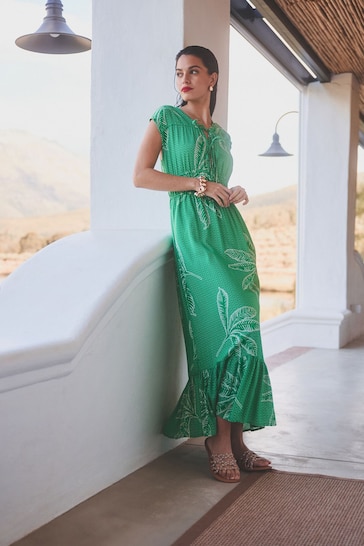 Green/White Palm Print Tie Front Short Sleeve Maxi Dress