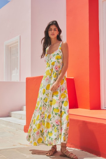 Cream Lemon Print Maxi Summer Dress