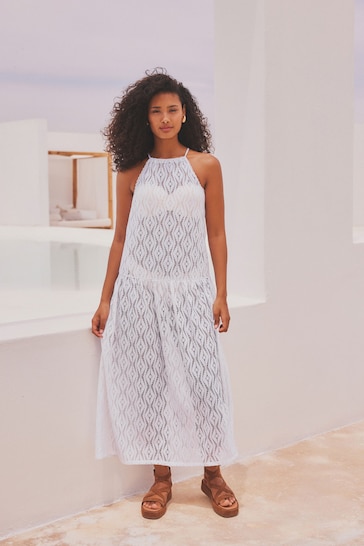 White Jersey Crochet Maxi Summer Cover-up Dress