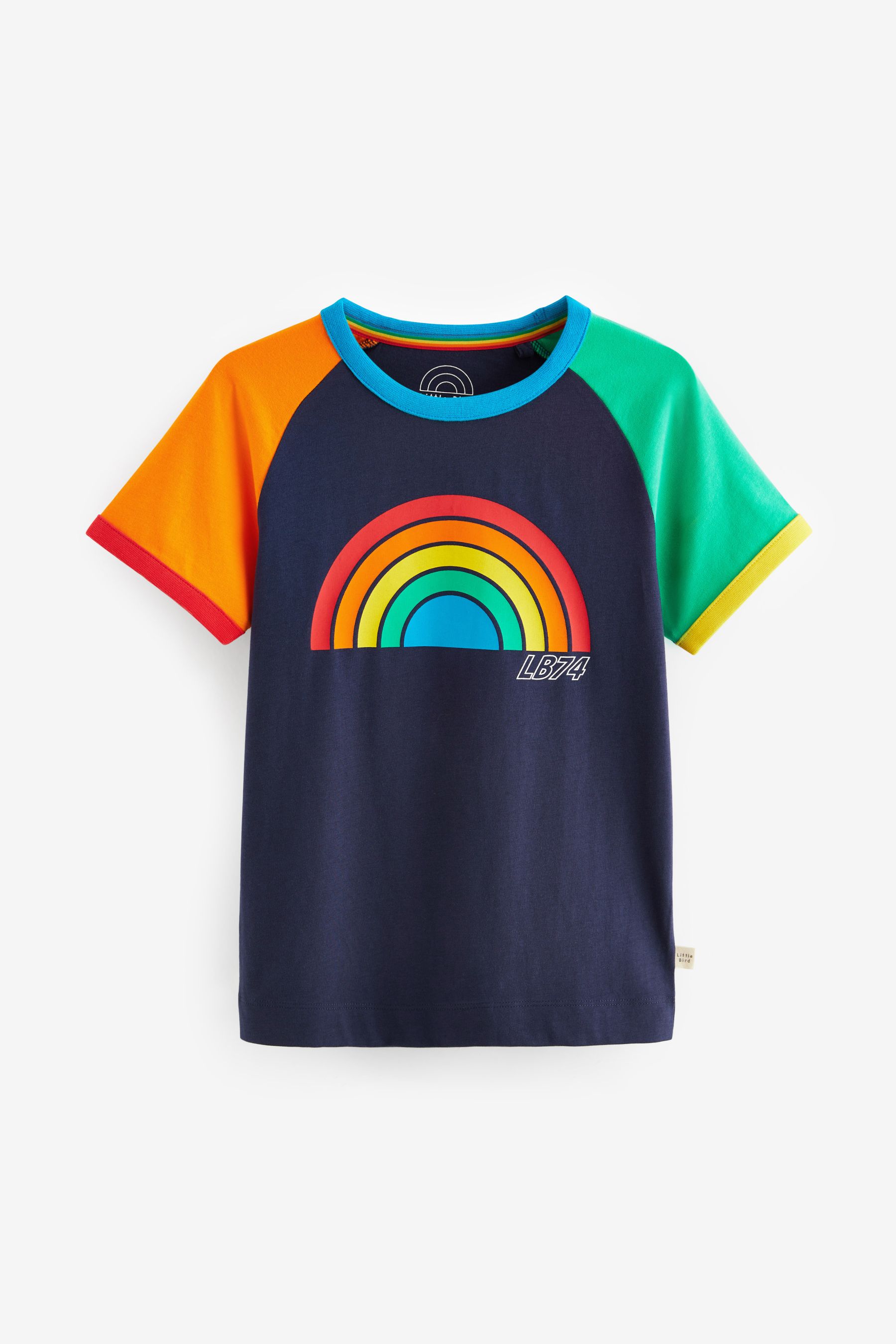 Little Bird by Jools Oliver Navy Rainbow Short Sleeve Raglan Colourful T Shirt