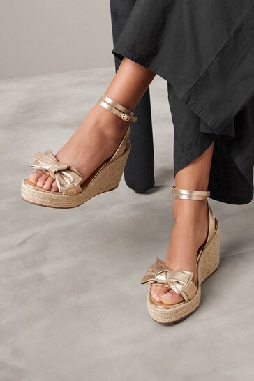 Gold Signature Leather Bow Wedges