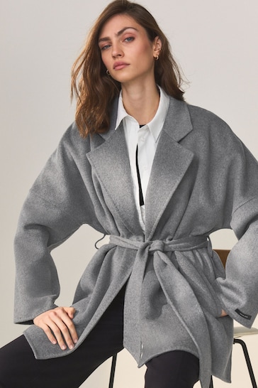 Grey Handsewn Wool Blend Belted Coat
