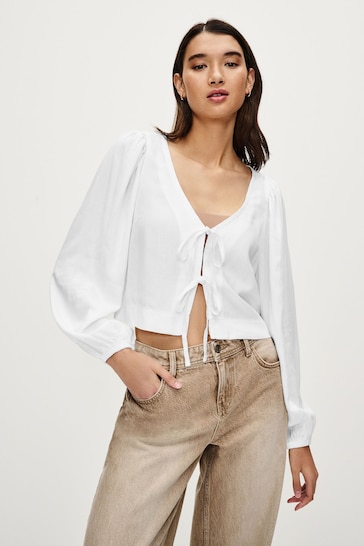 White Tie Front Blouse with Linen