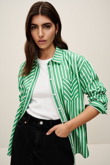 Green and White Spliced Stripe Oversized Cotton Shirt