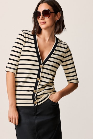 Black and Cream Striped Short Sleeve Cardigan