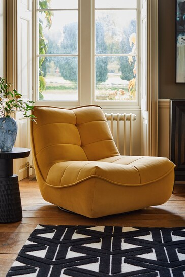Soft Velvet Ochre Yellow Lucca Swivel Pillow Accent Chair