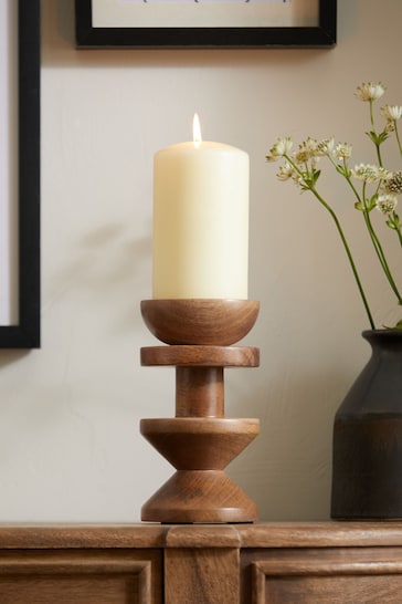 Natural Carved Wood Pillar Candle Holder