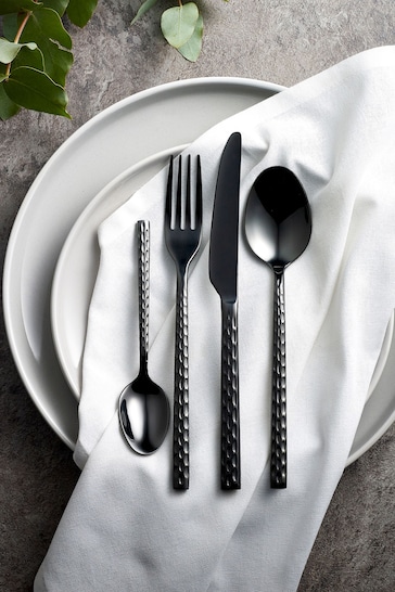 16 Piece Black Hammered Cutlery Set