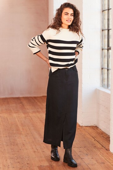Black Linen Blend Midi Column Skirt